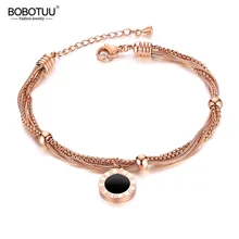 BOBOTUU римские цифры круглая бирка Титановый стальной свадебный браслет розовое золото многослойная толстая цепочка линия женский браслет BB18089