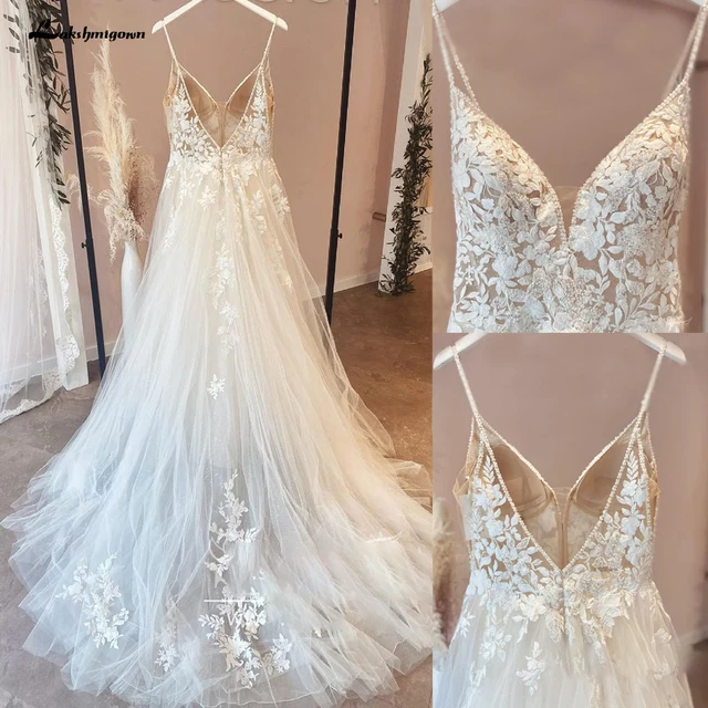 Spaghetti Straps Vintage Lace Wedding Dress With V Neckline Bride Dress Tulle Beach Bridal Gown trouwjurk Lakshmigown 1