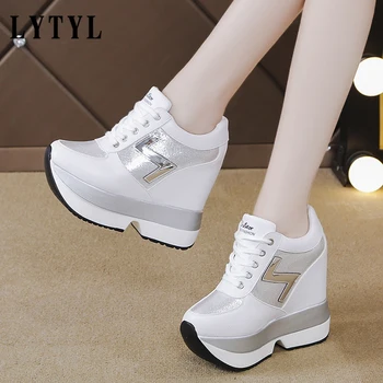 

2019 Fashion Women's High Platform Casual Shoes Height Increasi leathe Shoes Thick Sole Trainers Lady Shoes White Sneakers Z-39