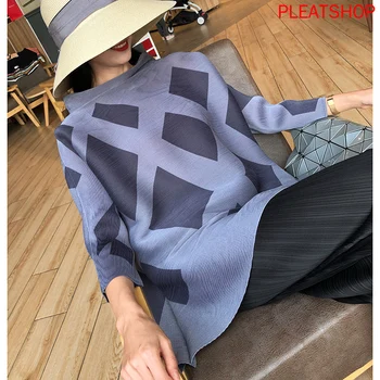 

Spring Clothing Miyake Pleated Tops Women 's Mid-length Loose -Fit Three - quarter -length Sleeve Fashion Printed T- shirt
