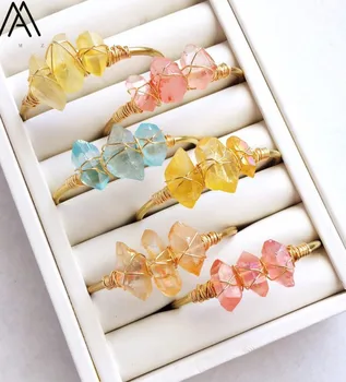 

Fashion Women Natural Stone Bangle Gold Color Wire Wrap Stick Point Quartz Crystal Cuff Bangles Bracelets Jewelry BG005AMAB