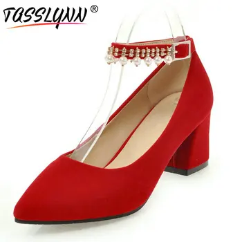 

TASSLYNN 2020 Pointed Toe Women Pumps Casual Flock Hoof Heels Ladies Black Summer Shoes Work String Bead Pumps Size 34-43