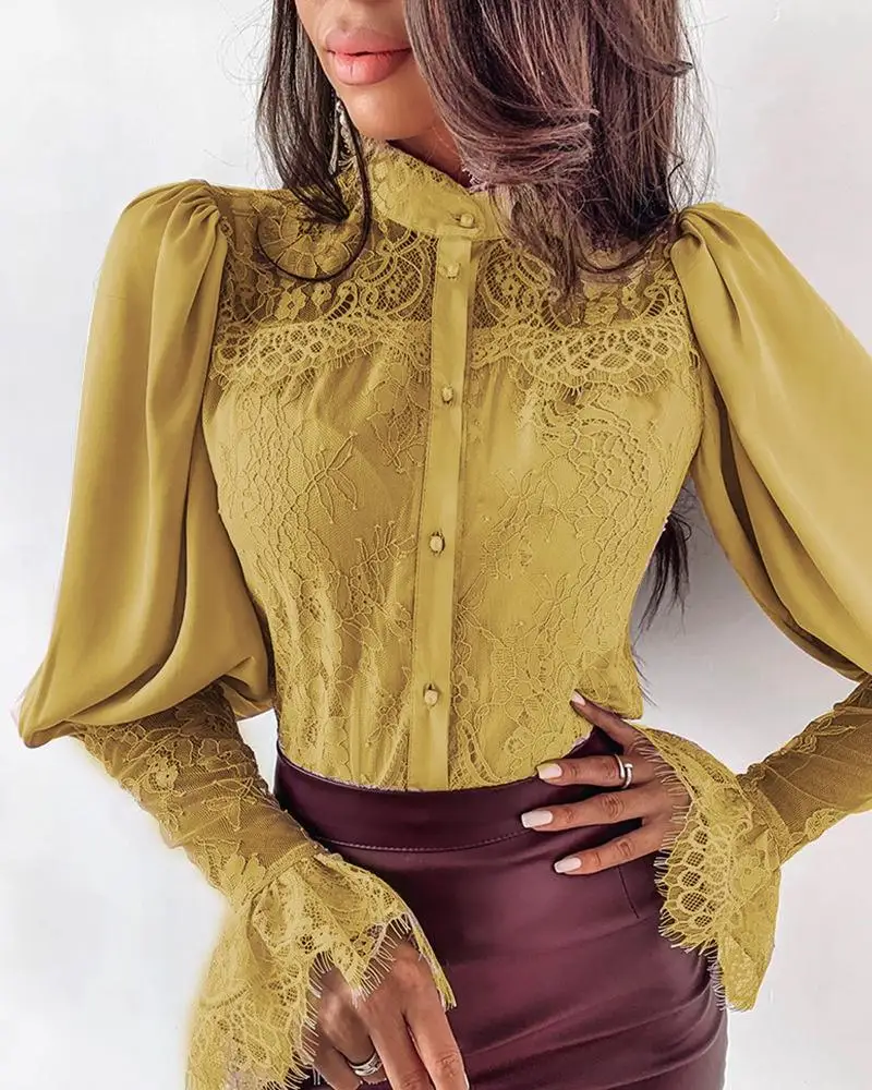 Женская кружевная блузка на пуговицах с длинным рукавом|Блузки| |