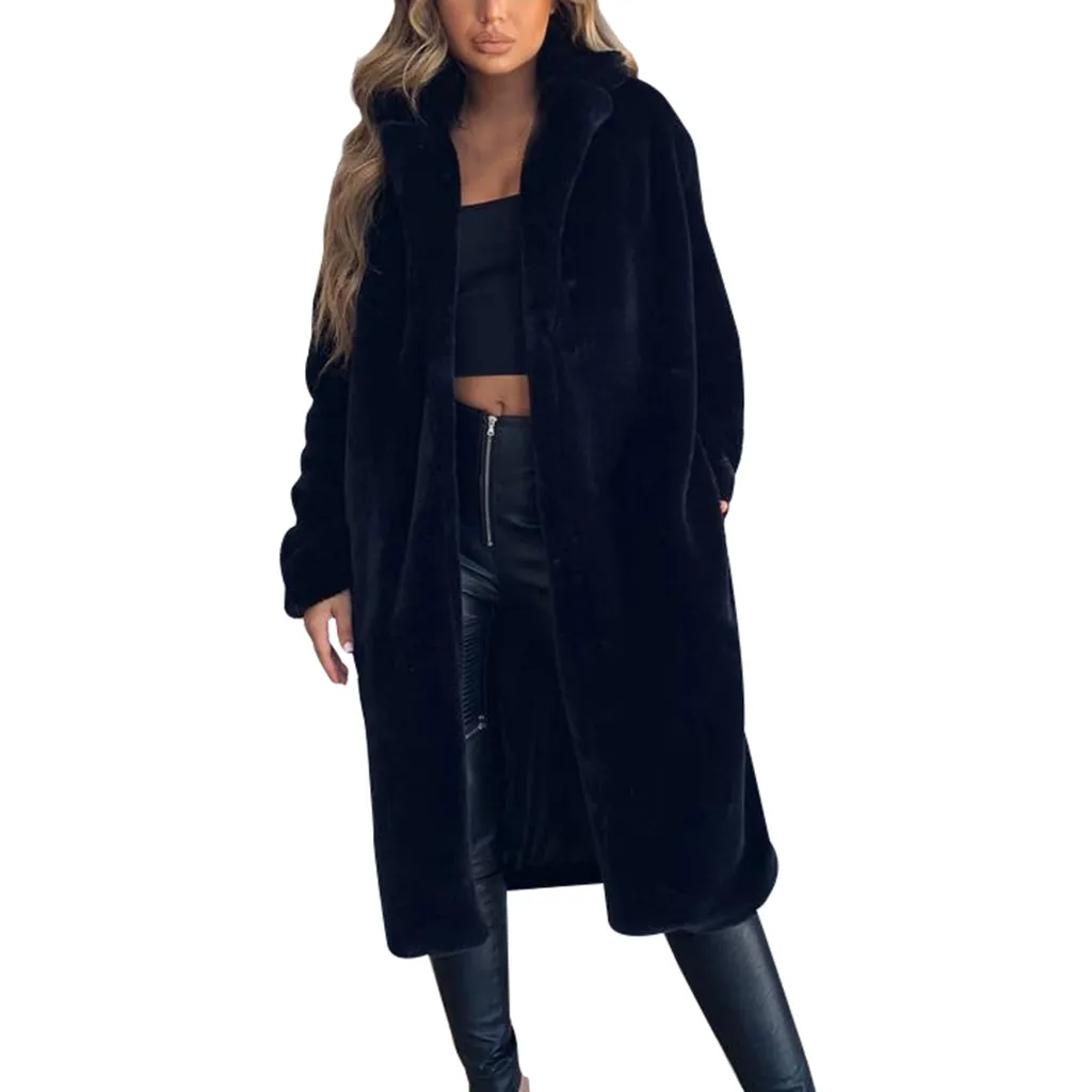 JAYCOSIN Women's Coat Fashion Womens Ladies Warm Long Furry Faux Fur Coat Sexy Jacket Solid Turn Down Collar Outerwear