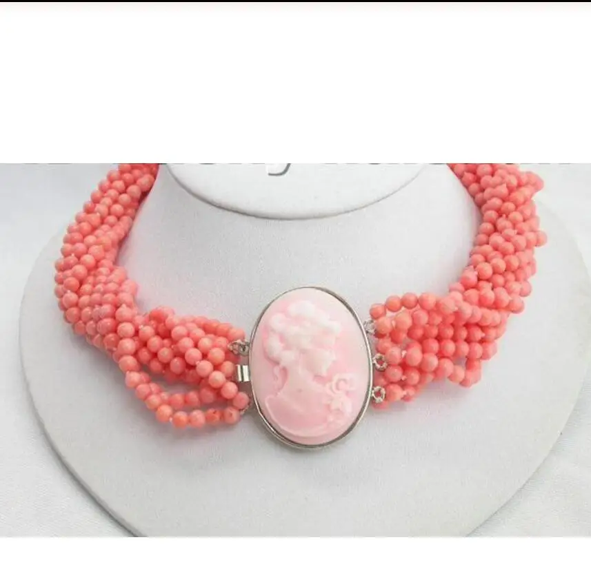 

Free shipping AAA 10Stds 100% natural pink coral necklace cameo clasp