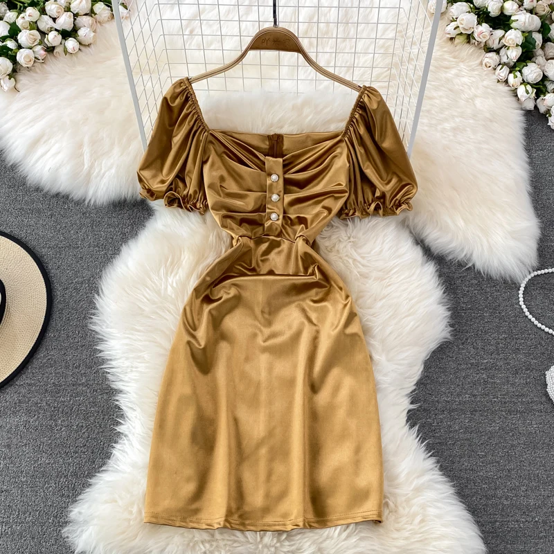 

2022 Spring Sexy Square Neck Bubble Short Sleeve Waist Closing Slim Acetate Satin Anti Wrinkle Silk Slip Hip Dress Women