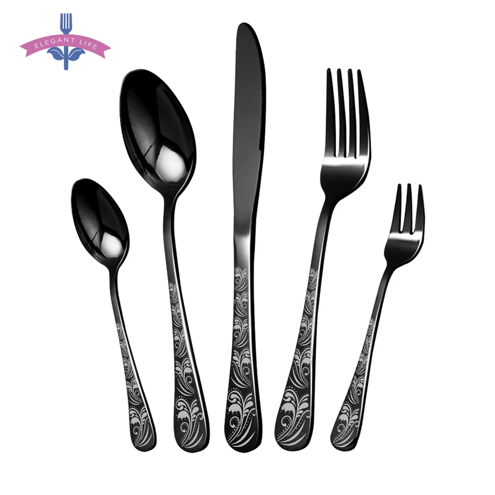 US $24.33 30pcs Cutlery Set Dinnerware Set Knife Forks Spoons Dessert Fruit Set Kitchen Black Gold Stainless Steel Printing Dishwasher Fit