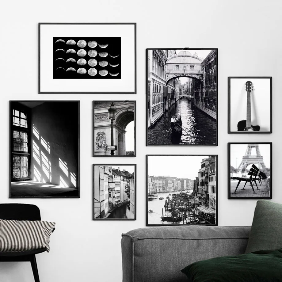 Paris Venice Window Guitar Moon Wall Art Canvas Painting Black White Nordic Posters And Prints Wall Pictures For Living Room Bar
