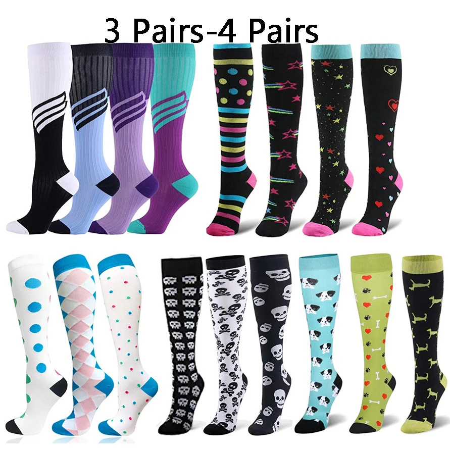 3/4 Pairs Multi Color Compression Stockings Leg Pressure Sports Travel Hot Sell Compress Socks Men Women Packaged For Sale