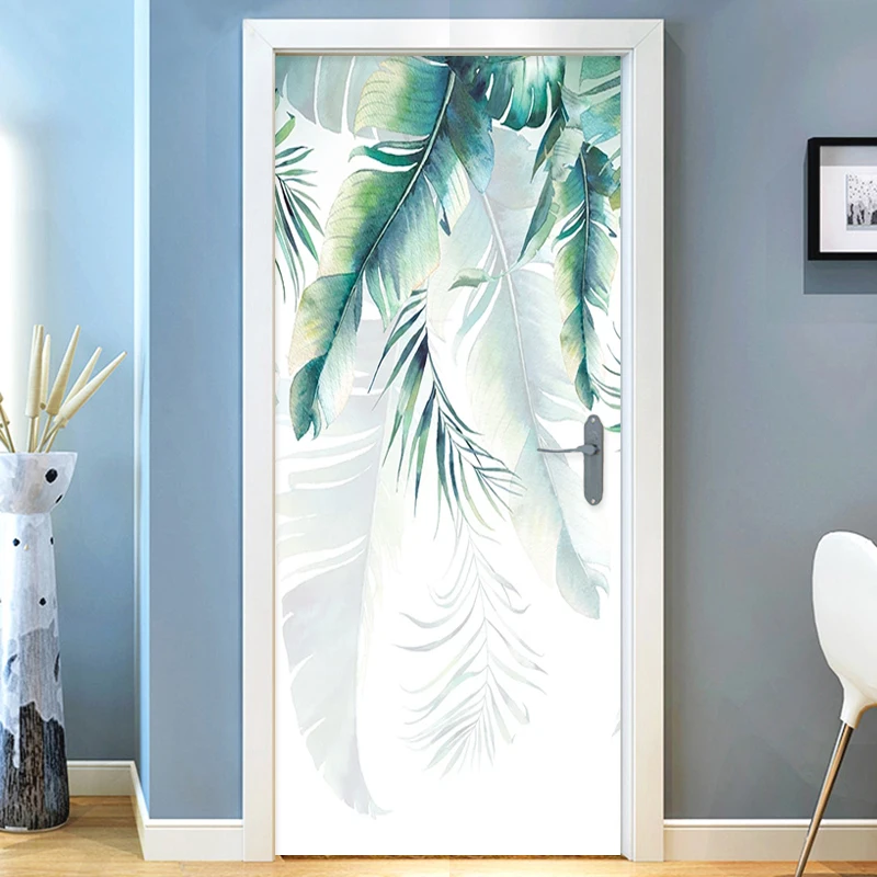 Self-Adhesive Door Sticker 3D Hand-painted Banana Leaves Mural Wallpaper Waterproof Vinyl Door Poster Living Room Bedroom Decals