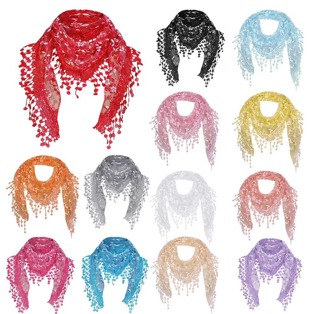 2021 New Fashion Lace Sheer Floral Scarf Winter Warm Women Elegant Solid Shawls Wraps Long Female Tassel Scarves | Тематическая