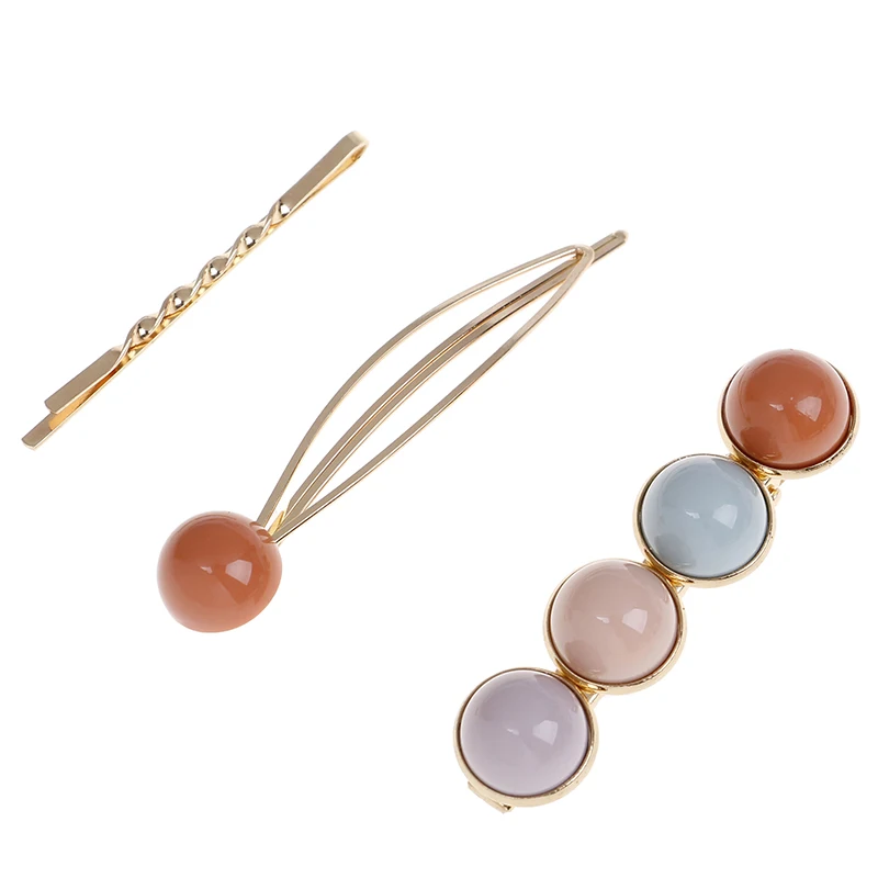 3PCS Fashion Korea Metal Hairpins Imitiation Pearl Colorful Beads Hair Clips Hairstyle Design Accessories Hair Styling Tool
