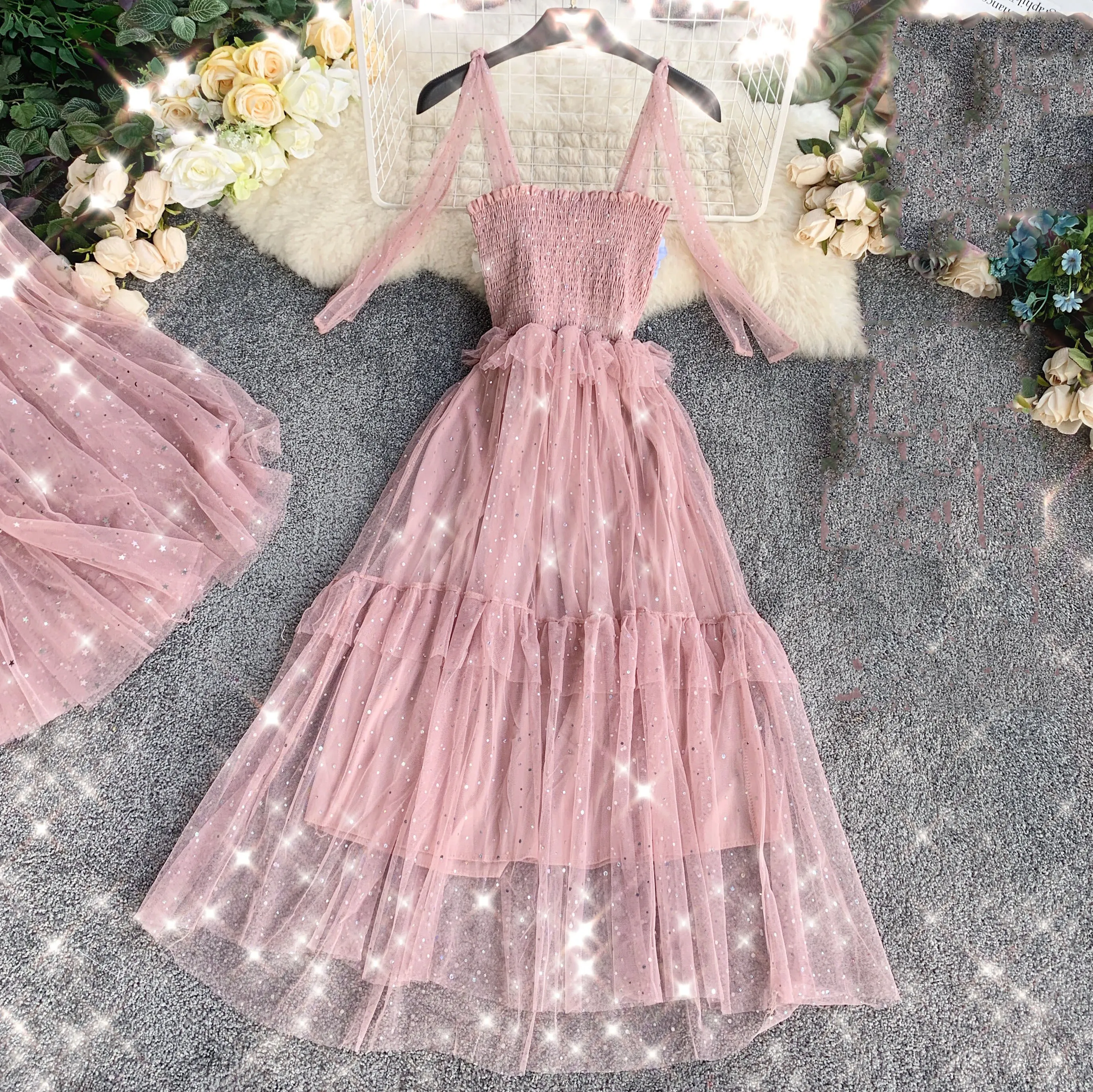 

Summer Women Strap Fairy Dress Elegant Sequined Mesh Party Dress Female Sling Shiny Ruffles Dresses