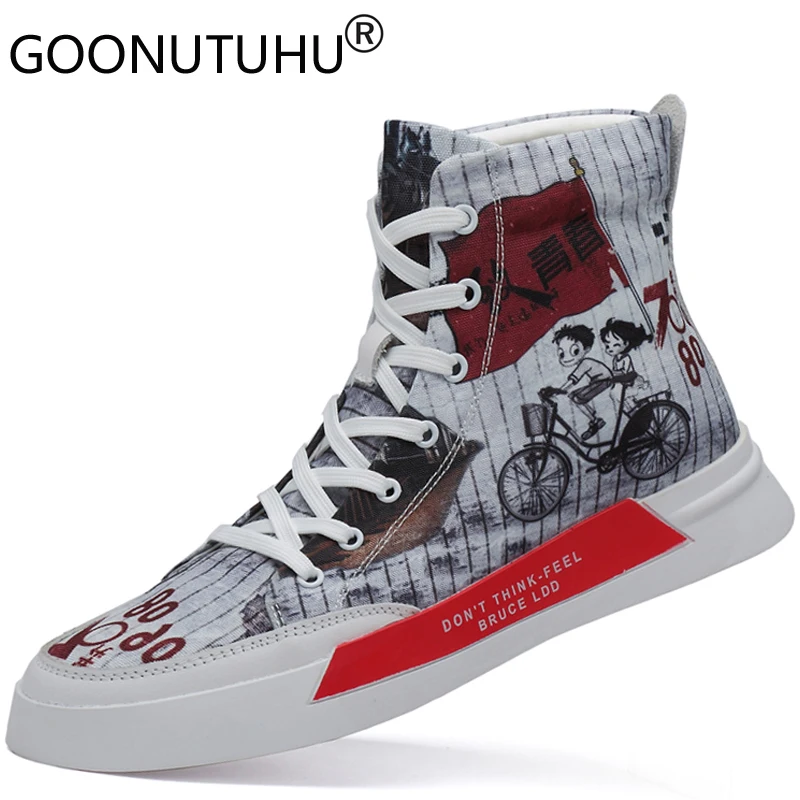 

2019 autumn winter fashion men's shoes casual genuine leather male flats sneakers high top print shoe man platform shoes for men