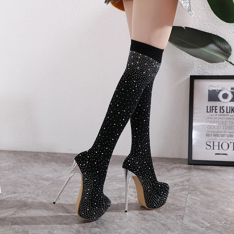 

Starry diamond European and American rhinestone stretch boots high heel over knee boots