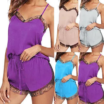 

Pajamas for Women Summer Home Clothes Nightie 2020 Sleepwear Sleeveless Strap Nightwear Lace Trim Satin Cami Top Pajama Sets
