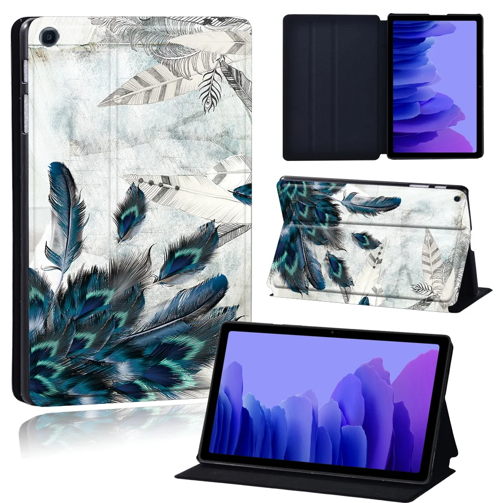 Tablets Case for Samsung Galaxy Tab A7 10.4 Inch 2020 T500/T505 Printed Feather PU Leather Tablet Stand folio Cover+ Free Stylus