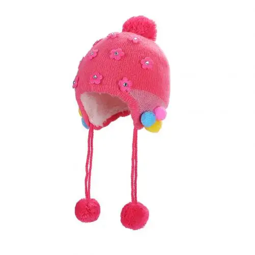 Watermelon Red Новая модная Милая Детская вязаная шапочка с помпон-цветок для девочек, вязаная шапка с ушками на шнуровке - Цвет: Watermelon Red