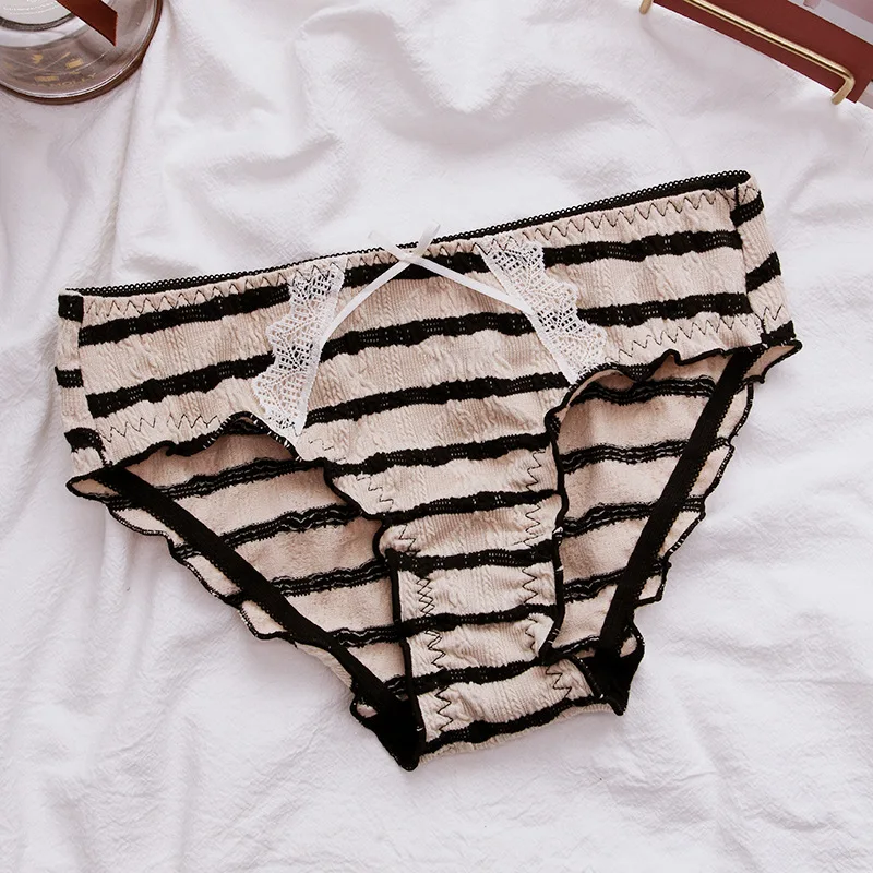 Новое хлопковое платье для девочек в стиле ретро в полоску, милые кружевные трусики с оборками и низкой талией, сексуальное женское нижнее белье, женское нижнее белье