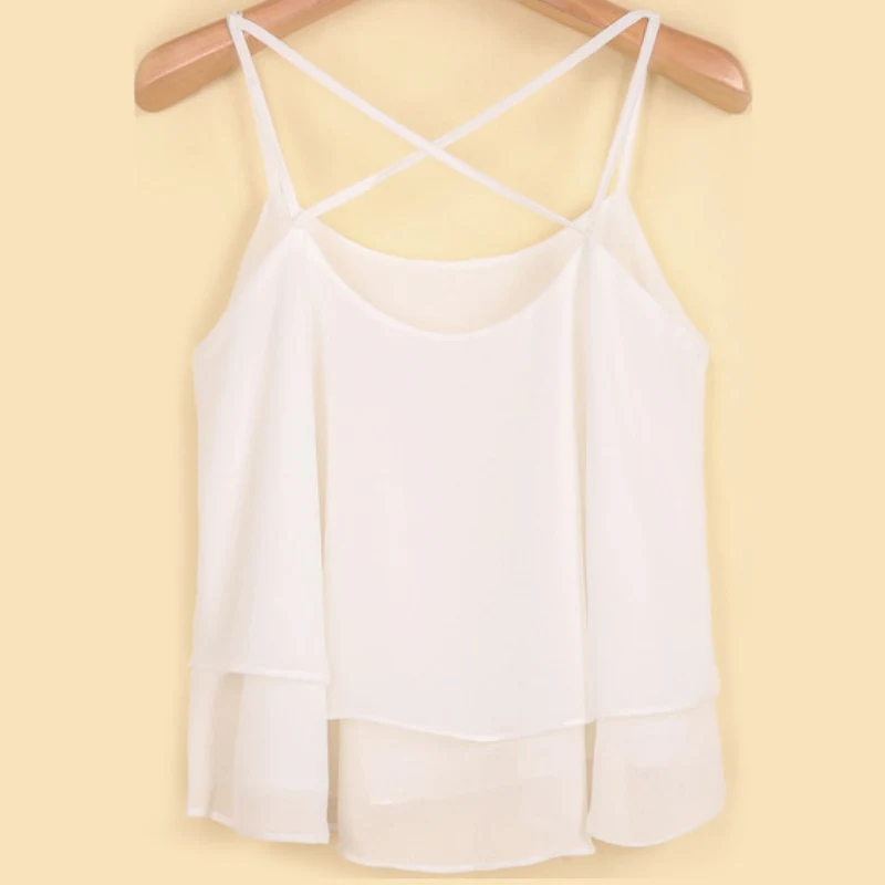 Повседневная Женская двухслойная шифоновая рубашка на бретельках, Простые Топы, женский летний сексуальный Топ без бретелек