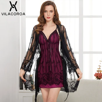 

V Neck Lace Sling See Through 3 Pieces Set Bathrobes Slim High Waist Belt Backless Women Bathrobe Sexy Dressing Gowns For Women