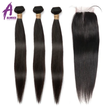 

Alimice Straight Hair 3 Bundles With Closure Peruvian Hair 100% Human Hair Bundles With Closure Double Hair Weft Remy