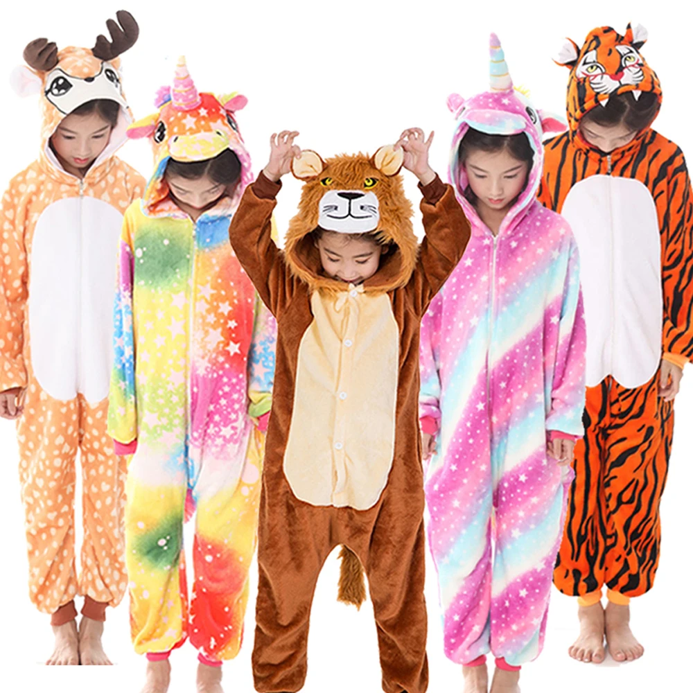 4-12Y Winter Jumpsuit Kids Lion Panda Kigurumi Anime Overalls for Children Unicorn Pajamas Warm Plush Pyjamas Boys Girls Onesies