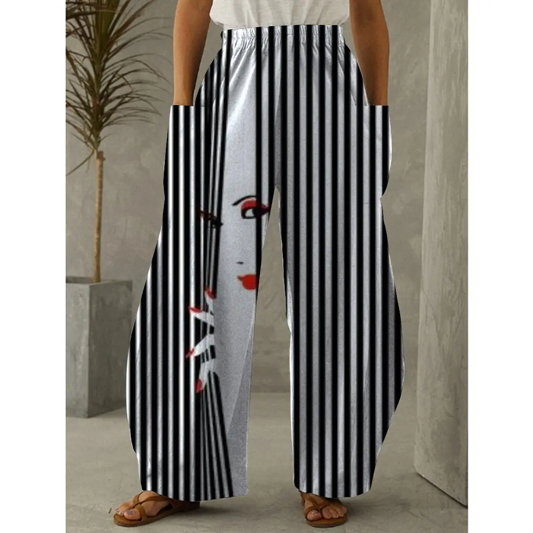 ladies cropped trousers Autumn Fashion Model Face 3D Print Woman Pants Long Trousers Baggy Pantalon Women Elastic Waist Retro Lantern Girls Cool Pants cargo capris