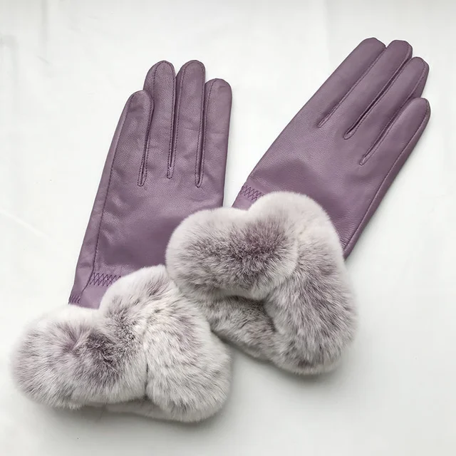 Genuine Leather Gloves For Women Winter Real Rex Rabbit Fur Thickened Gloves  With Plush Natural Fluffy Fur Gloves Warm Gloves - AliExpress