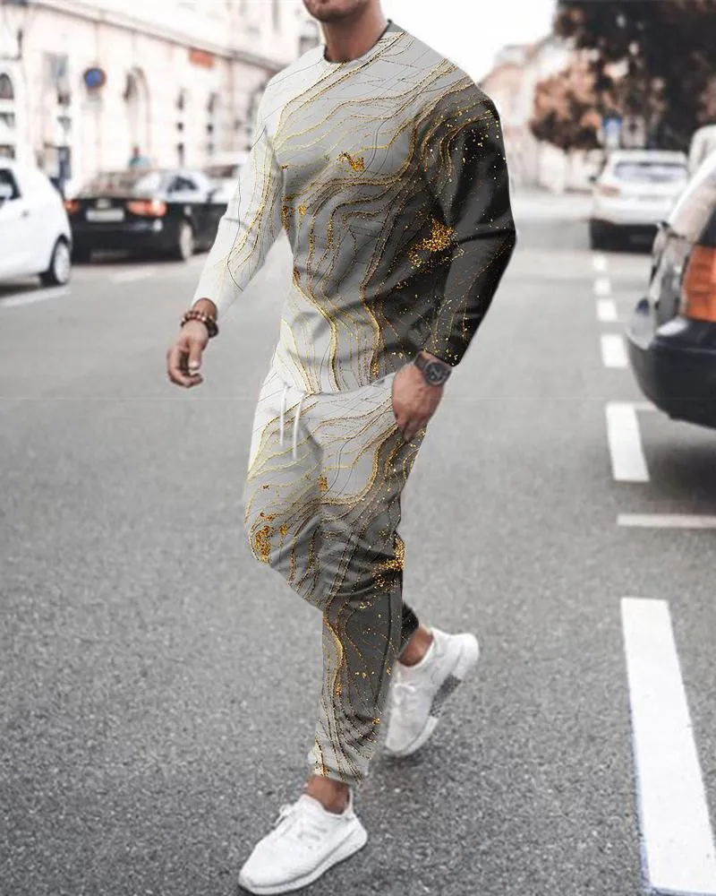 Men's sports suit T-shirt + trousers workout clothes 2-piece set 3D plant leaf solid color printing long-sleeved sportswear suit mens two piece sets