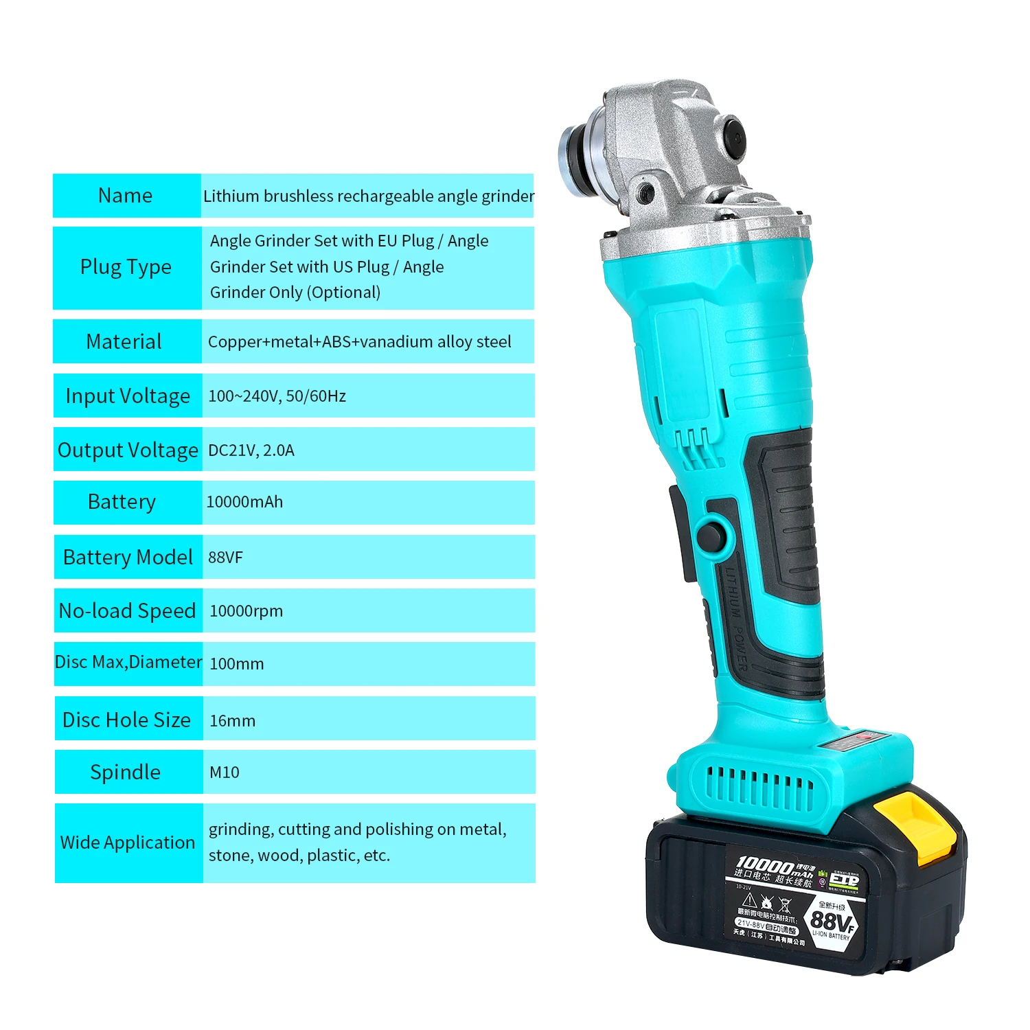

100~240V 100mm Electric Angle Grinder Cutting Tool Rechargeable Brushless Angle Grinder With Adapter