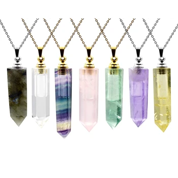 

Natural Gems stone Perfume Bottle pendant Essential Oil diffuser pointed Fluorite amethysts crystal Jewelry Hexagon prism vials