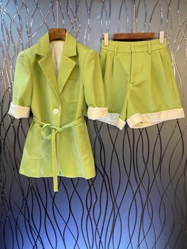 

2020 Spring and Summer New Women's Lapel Lace-up Knotted Waist Hugging Short-Sleeved Top Jacket Shorts Suit 703