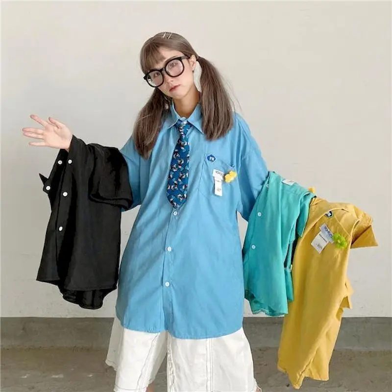 

NiceMix flower pin casual streetwear women blouses Harajuku shirts cold bf clothes vintage summer tops shirt plus size blouse