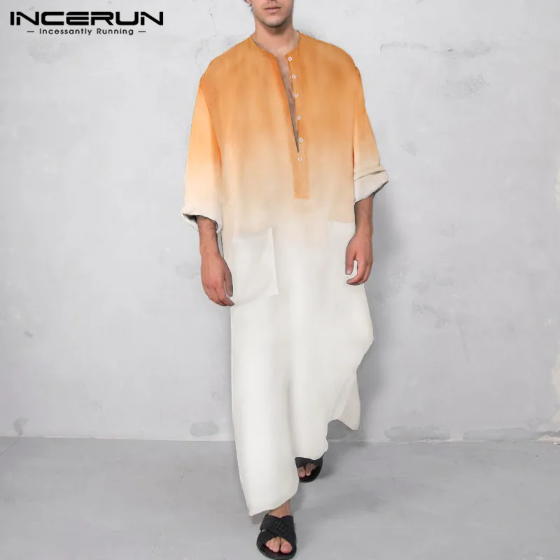 

INCERUN Gradient Color Printed Muslim Robes Mens Saudi Long Sleeve Jubba Thobe Causal Buttons Dashiki Clothing Mens Robes S-5XL
