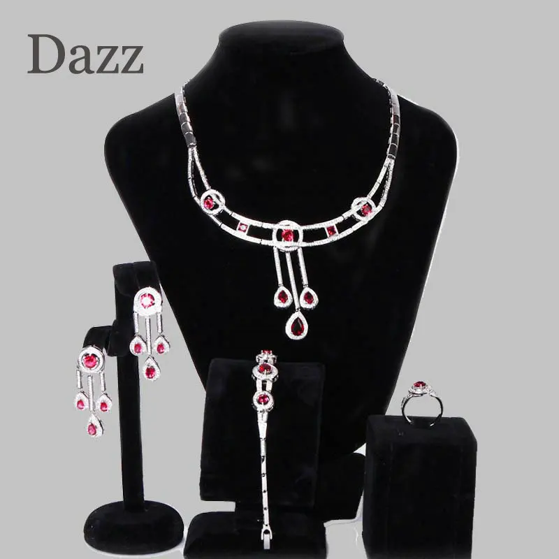 

Dazz Elegant Bride African Red Zircon Dangle Long Necklace Earrings Ring Bangle Jewelry Set Women Wedding Party Luxury Ornament
