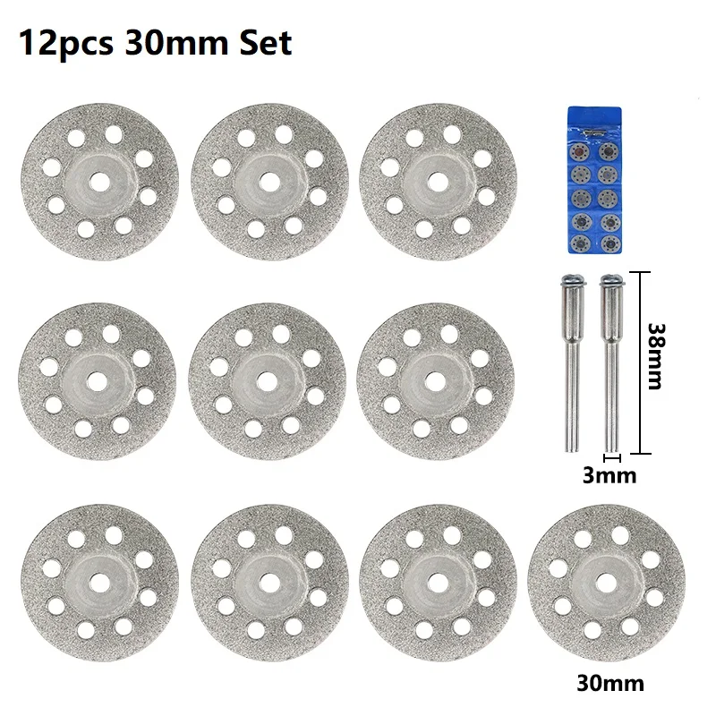 다이아몬드 톱날 12 조각 20-30mm (3mm 아버 포함) 드레 멜 로터리 도구 용 미니 절단 블레이드 돌 유리 타일 절단 금속