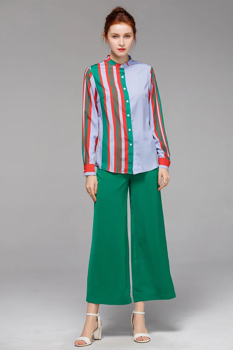 VKBN летние женские комплекты из двух предметов отложная полосатая рубашка с воротником и широкие брюки женская одежда