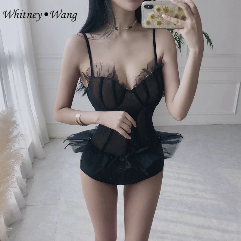 WHITNEY WANG 2020 весенне-летний модный сетчатый комбинезон с оборками из кусков на