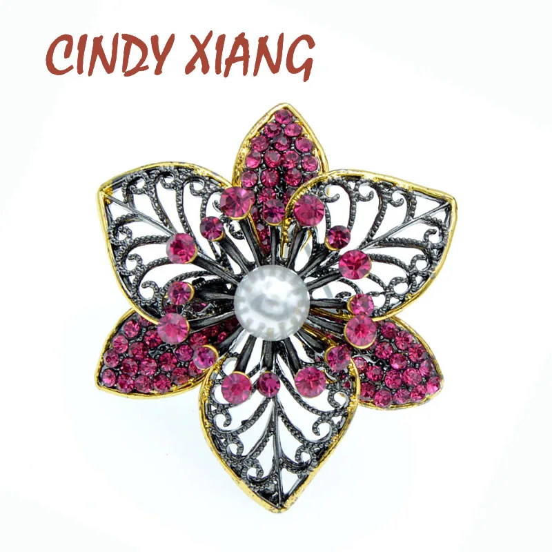 

CINDY XIANG Rhinestone Hollow-out Flower Brooches For Women Multi-layer Design Fashion Pearl Brooch 2 Colors Available Good Gift