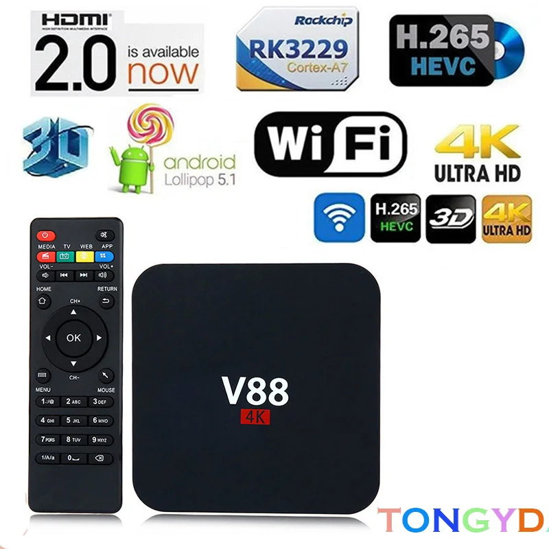 

Docooler V88 Plus TV Box Android 8.1 RK3329 Quad Core 4K VP9 H.265 2GB 16GB Miracast DLNA WiFi LAN HD Games Smart Media Player