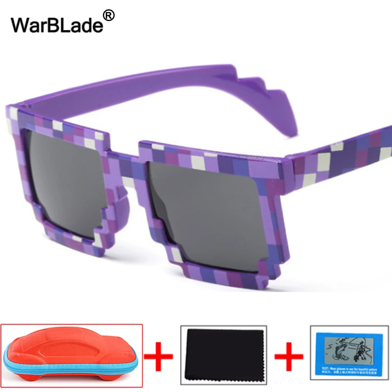purple redcase Модные детские солнцезащитные очки WarBLade, детские солнцезащитные очки меньшего размера, мозаичные очки для мальчиков и девочек, квадратные очки с пикселем, чехол - Цвет линз: purple redcase