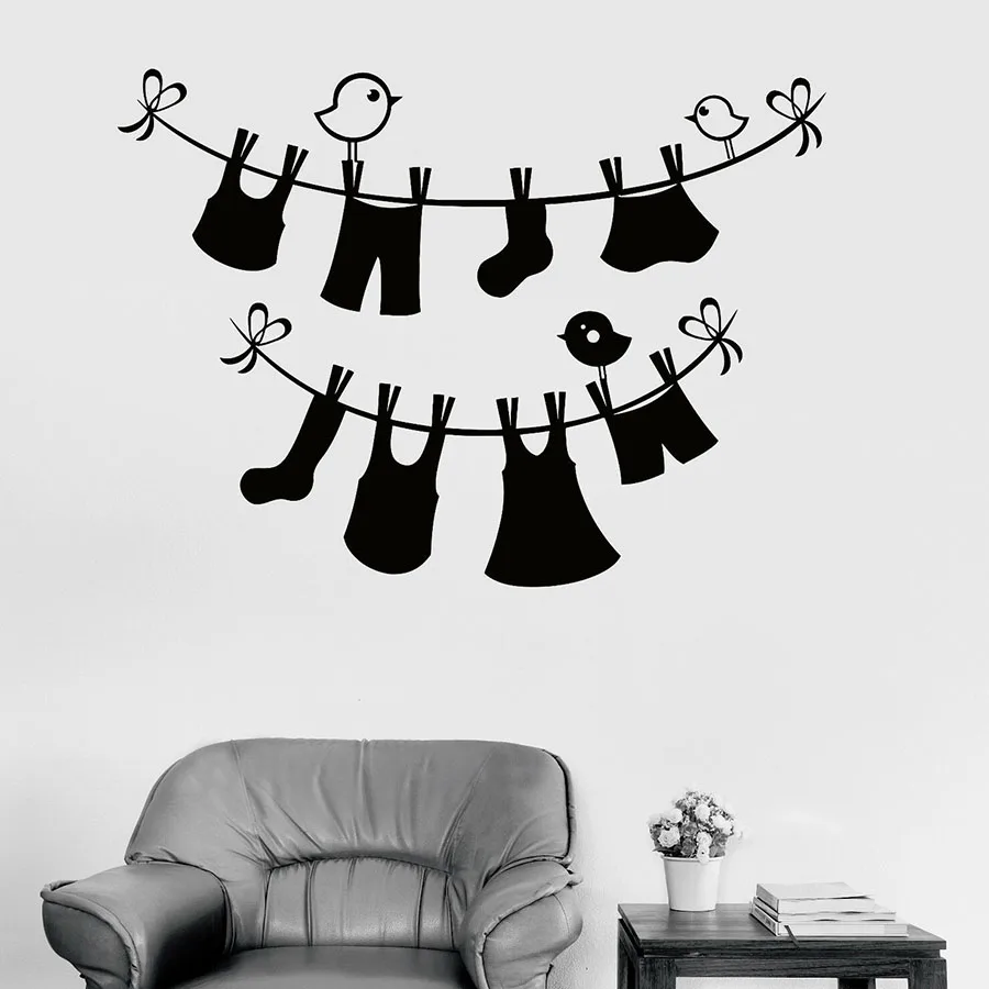 cheap Laundry Room Wall Decal Wash Clothes Vinyl Wall Stickers Cute Birds Art Kids Nursery Mural Interior Decoration Waterproof S1238