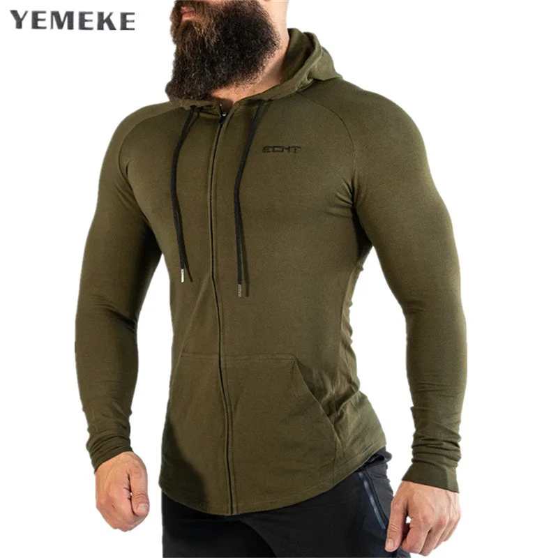 army green Осень зима мужские спортивные куртки с капюшоном Фитнес футболка для бодибилдинга спортивные пуловеры мужские тренировки с капюшоном куртка одежда YEMEKE - Цвет: army green