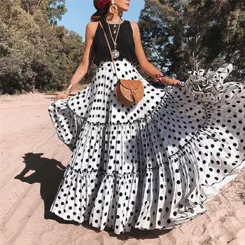 

Polka Dot Skirts Womens Maxi Skirt Women Layered Skirts 2020 High Waist Summer Maxi Long Skirt Pleated Beach Jupe Femme 3XL