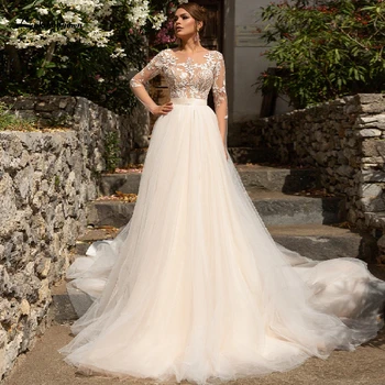 

Lakshmigown Gelinlik 2020 Light Champagne Boho Dress Wedding Gown Long Sleeve See Through Lace Bodice A Line Wedding Dresses