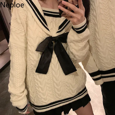 Neploe Sweet Sweaters for Women Chic Sailor Collar Preppy Style Knitted Pullovers Oversized Tops Mujer Temperament Korean Jumper