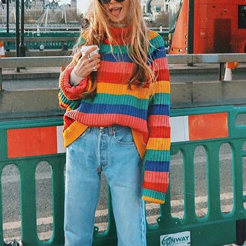 

Autumn Women Long Sleeve Turtleneck Striped Sweater Winter Female Knitting Pullover 2020 Casual Loose Sweater Knit Tops Jumpers