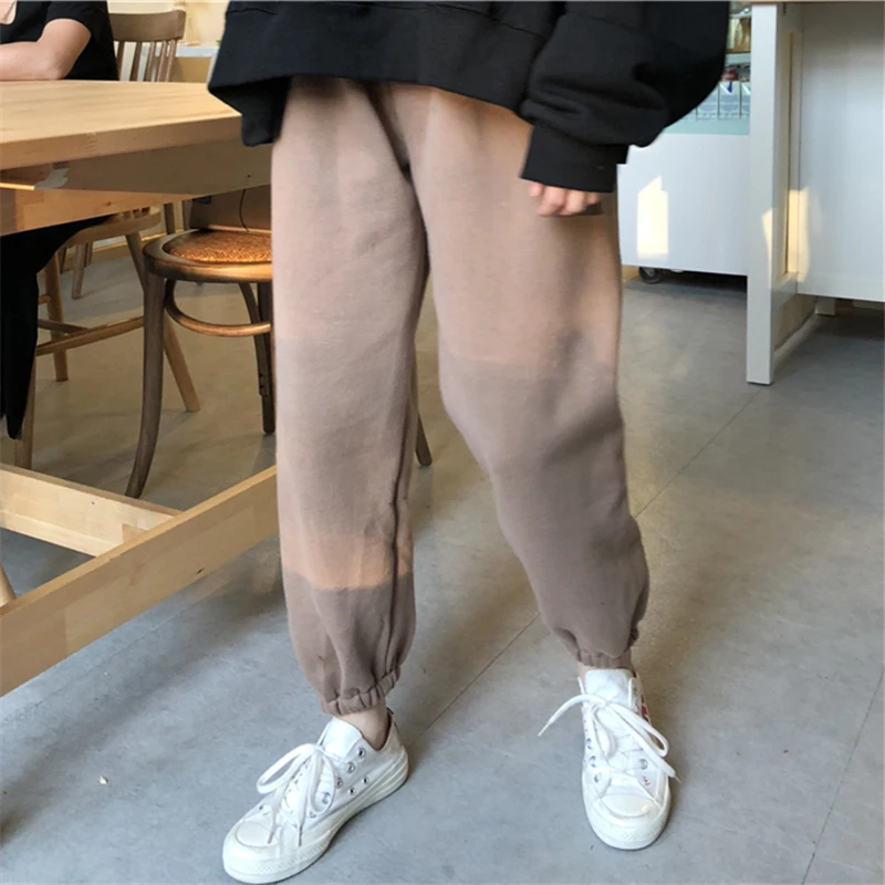 Брюки с высокой талией, спортивные штаны, женские свободные корейские студенческие модные брюки с добавлением шерсти, повседневные женские брюки-карандаш - Цвет: Milk coffee color