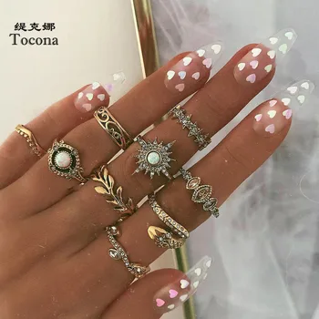 

Tocona Bohemian 9pcs/sets Shiny Sun Snake Ring Sets for Women Luxury Crystal Stone Leaf Geometric Wedding Ring Jewelry 15740